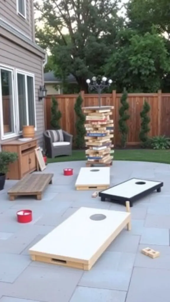 A cozy patio with cornhole boards and a giant Jenga tower for outdoor games.