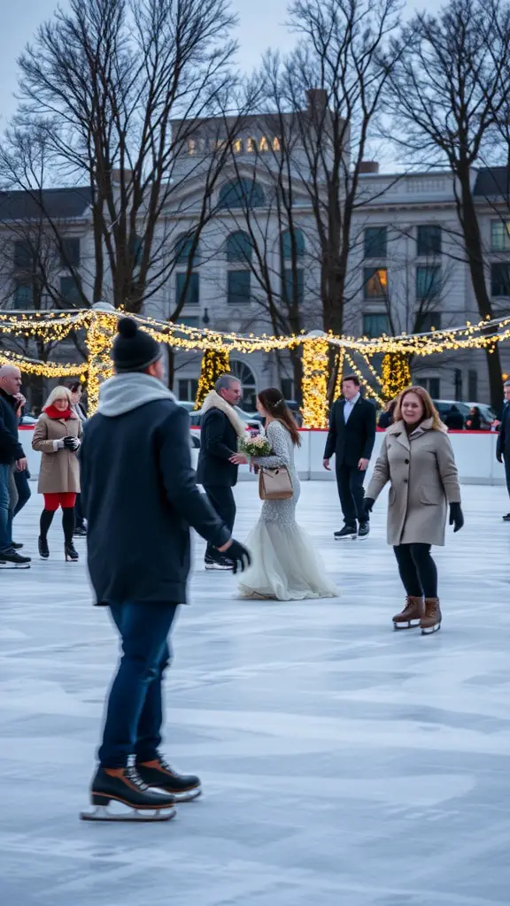 A winter wedding celebration with guests ice skating, decorated with lights and a bride in a wedding dress.