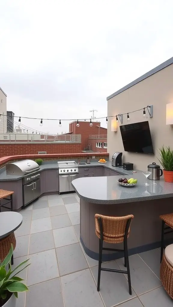 27 Stunning Rooftop Patio Designs for Your Outdoor Oasis 12 A modern rooftop outdoor kitchen with a grill station, bar stools, and decorative plants.