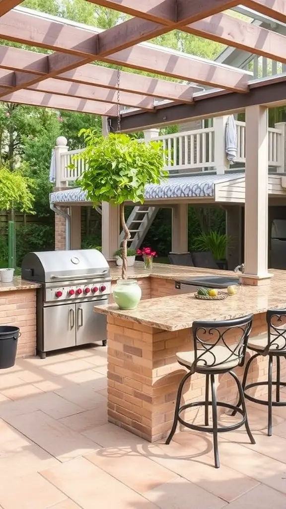 15 Inspiring Outdoor Patio Ideas for Your Dream Space 2 An outdoor kitchen setup featuring a grill, stone countertop, and seating area under a pergola.