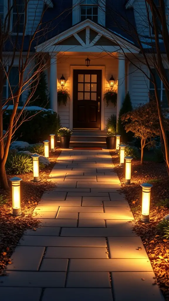 A beautifully lit pathway leading to a cozy front door, with pathway lights illuminating the walkway.