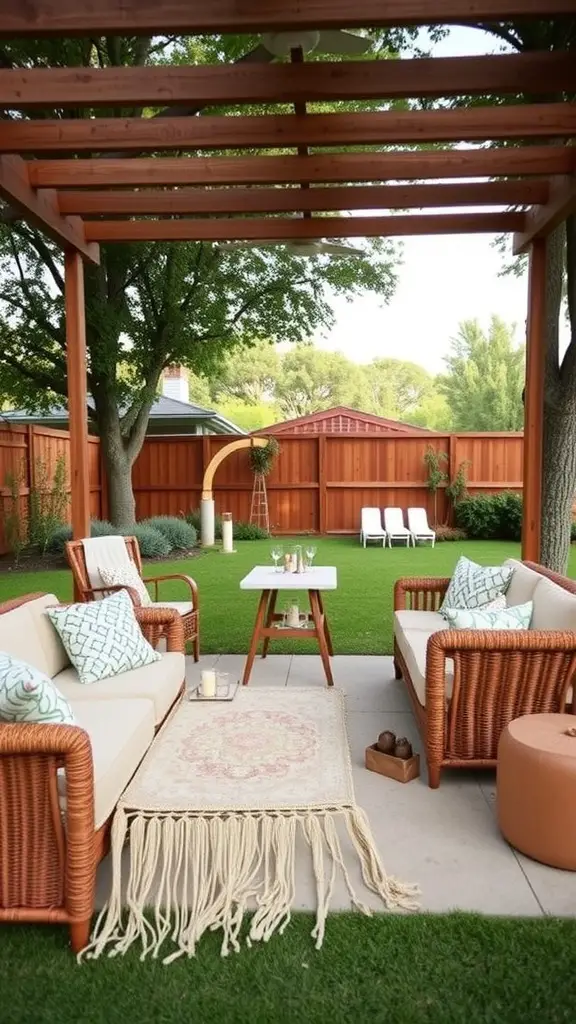 21 Creative Ideas for a Stunning Backyard Micro Wedding 2 Cozy outdoor lounge area with wicker sofas, cushions, and a small table under a pergola.