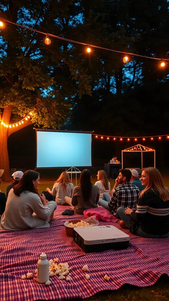 33 Fun and Creative House Party Ideas to Dazzle Your Guests 6 A group of people enjoying an outdoor movie night with a projector, popcorn, and string lights.