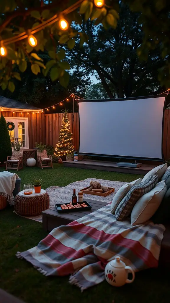 Cozy outdoor movie setup with a large screen, blankets, and string lights
