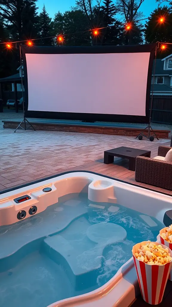 21 Amazing Hot Tub Backyard Ideas for Your Outdoor Oasis 11 A hot tub with a large movie screen set up for an outdoor movie night, surrounded by string lights and popcorn.