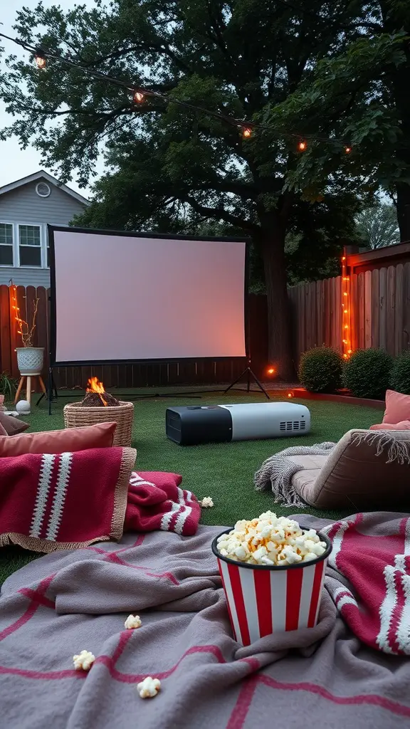 23 Stylish Outdoor Furniture Ideas for Your Dream Patio 17 Outdoor movie night setup with a screen, cozy seating, popcorn, and string lights.