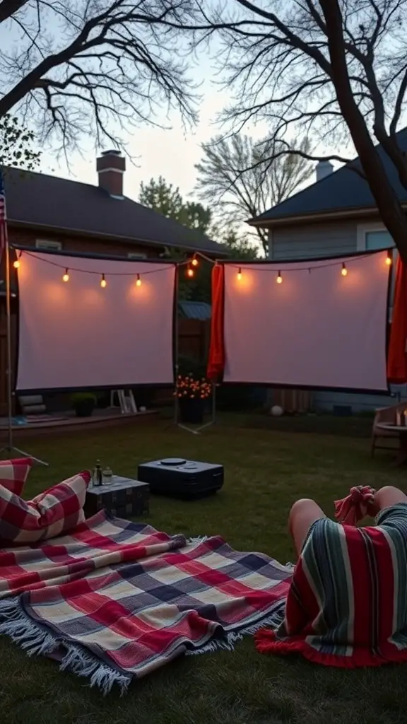 23 Amazing Backyard Ideas for Your Bloxburg Home 13 Outdoor movie setup with screens, projector, and cozy blankets.
