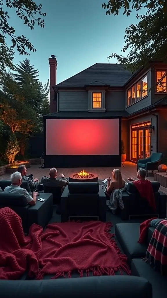 A cozy outdoor movie theater setup with a large screen, fire pit, and friends enjoying a film.