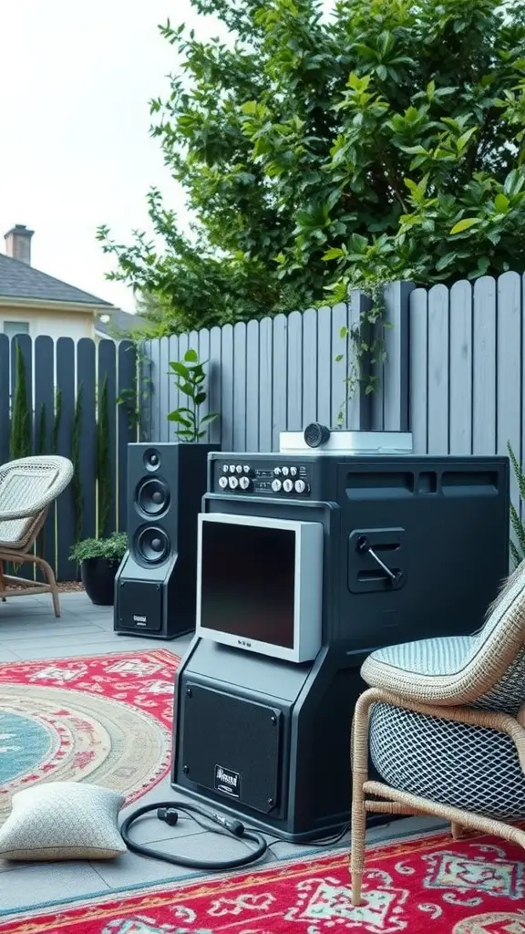 15 Must-Have Essentials for the Perfect Backyard Garden Party 13 Outdoor music setup with speakers and a sound system in a backyard garden.