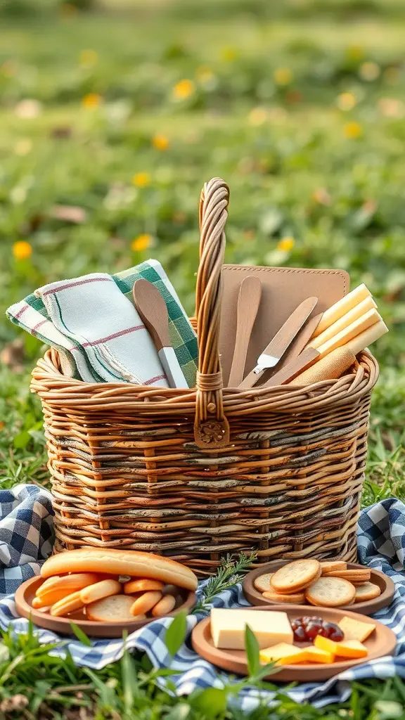19 Creative Raffle Basket Ideas You’ll Love 15 A picnic basket filled with utensils, snacks, and a blanket, set on green grass.