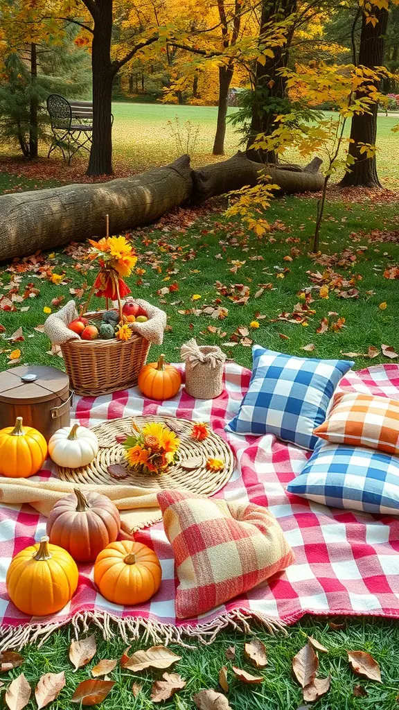 17 Creative Baby Shower Ideas for a September Celebration 16 A cozy outdoor picnic setup with a checkered blanket, colorful pillows, pumpkins, and a basket of fruits in an autumn setting.