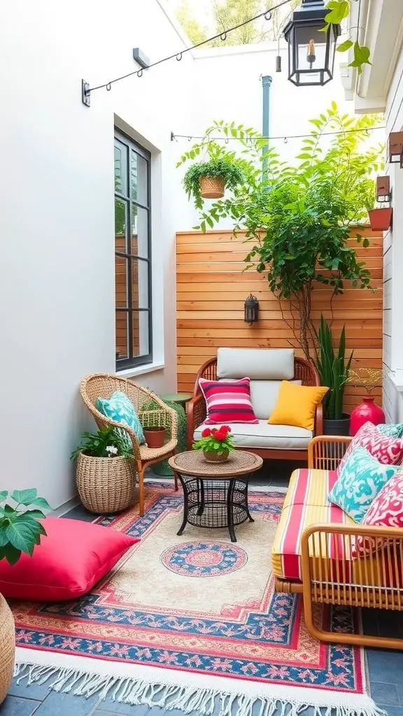 15 Charming Small Outdoor Patio Ideas for a Cozy Retreat 11 A cozy outdoor patio featuring a colorful rug and cushions, surrounded by greenery.