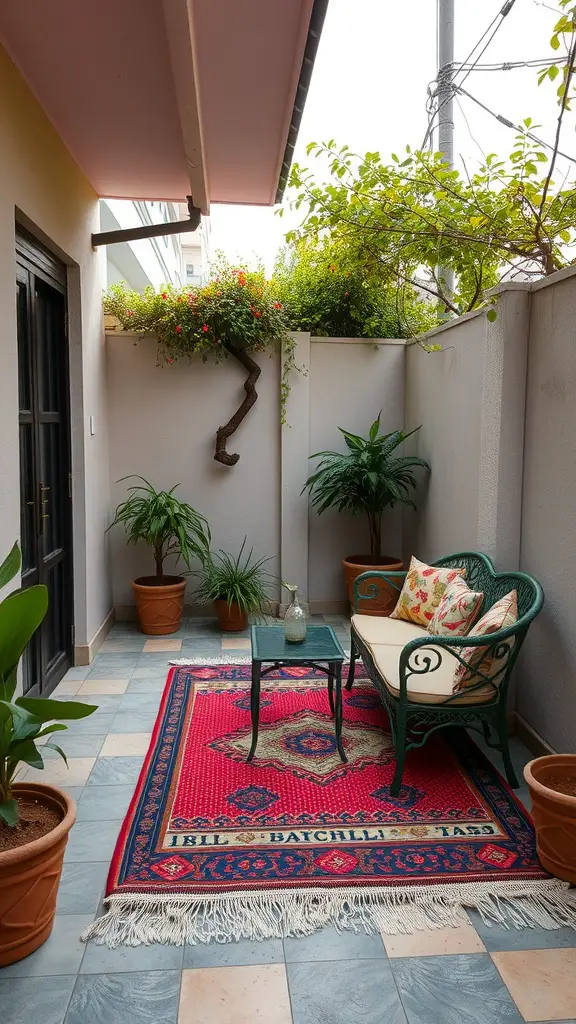 17 Creative Small Apartment Patio Ideas You’ll Love 5 A small apartment patio featuring a red outdoor rug, green plants, and a cozy seating area.