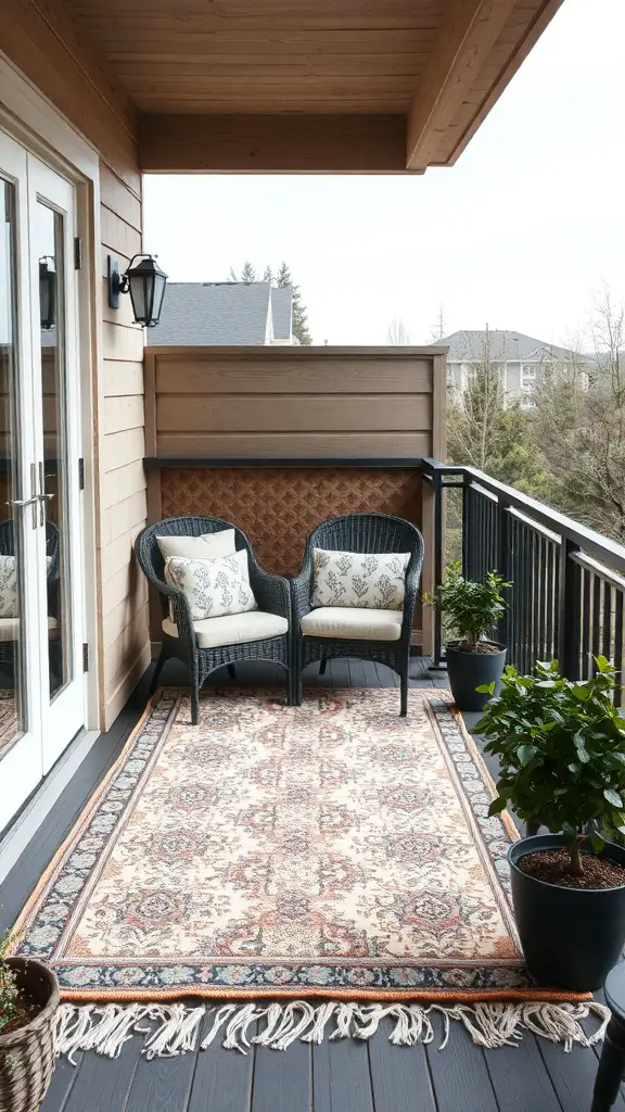 21 Creative Balcony Landscaping Ideas You’ll Love 12 A cozy balcony featuring a decorative outdoor rug, two wicker chairs, and potted plants.