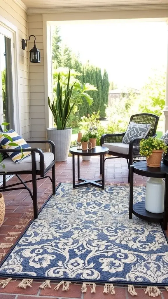 27 Affordable Patio Floor Ideas That Transform Your Outdoor Space 4 A cozy outdoor patio featuring a patterned rug, chairs, and potted plants.