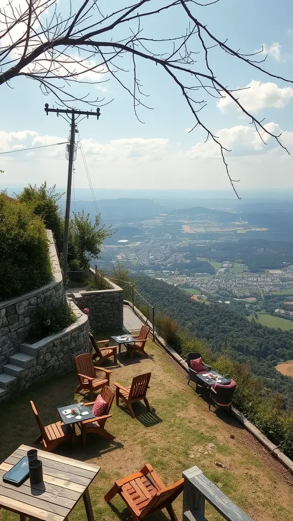 19 Creative Steep Hill Landscaping Ideas to Transform Your Yard 7 Outdoor seating area on a steep hill with wooden chairs and tables overlooking a valley.