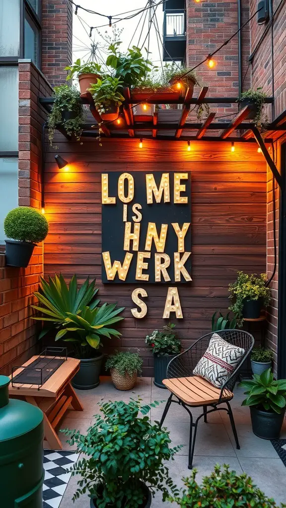 17 Creative Small Apartment Patio Ideas You’ll Love 14 A small apartment patio featuring outdoor wall art with illuminated letters, surrounded by plants and cozy seating.