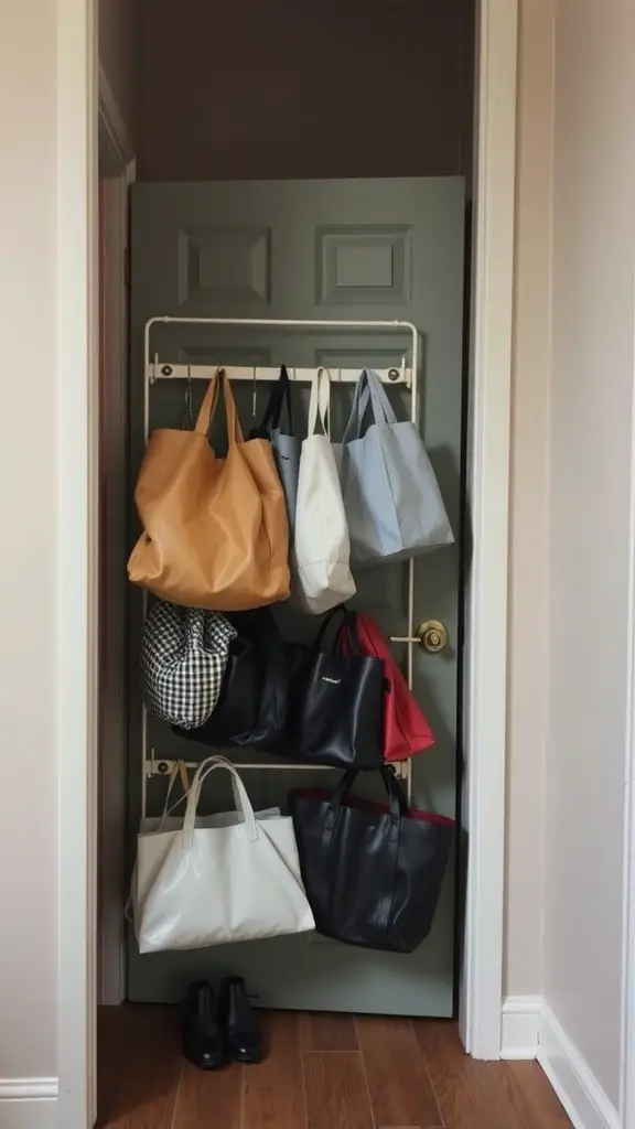 An over-the-door bag rack displaying various bags on a door.