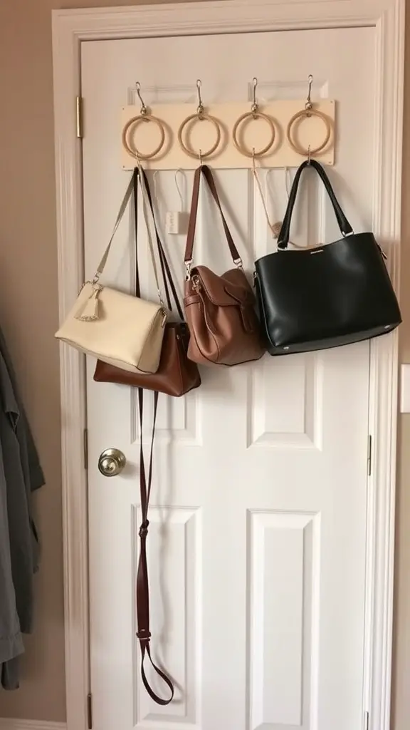 A wooden board with hooks mounted on a door, displaying several handbags in various styles.