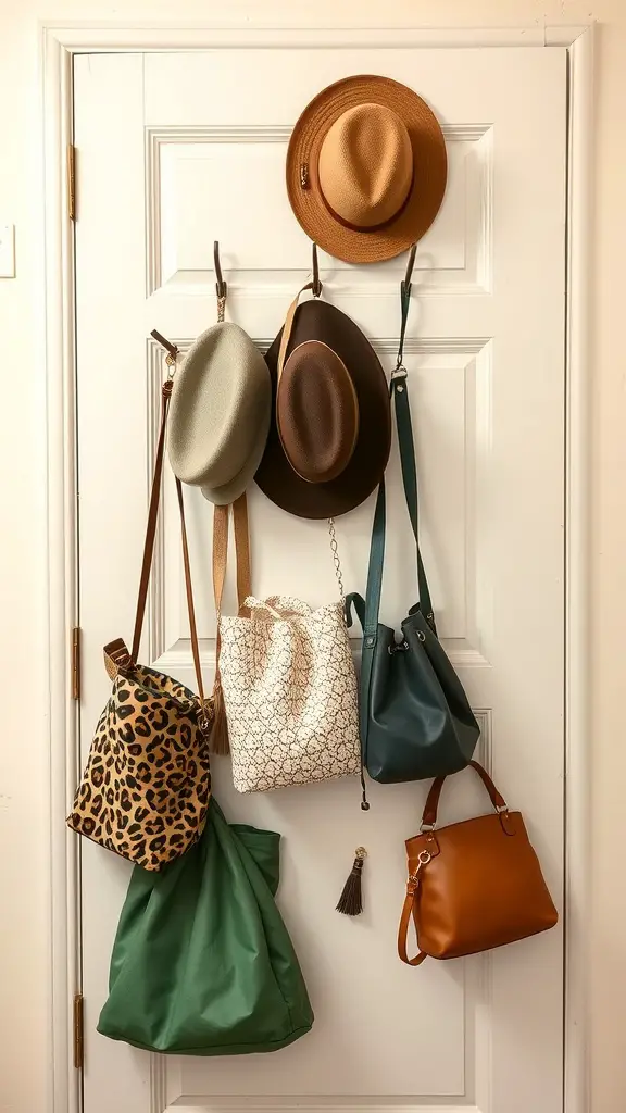 17+ Smart Closet Storage Ideas to Maximize Space 5 A door with several over-the-door hooks holding various hats and bags.