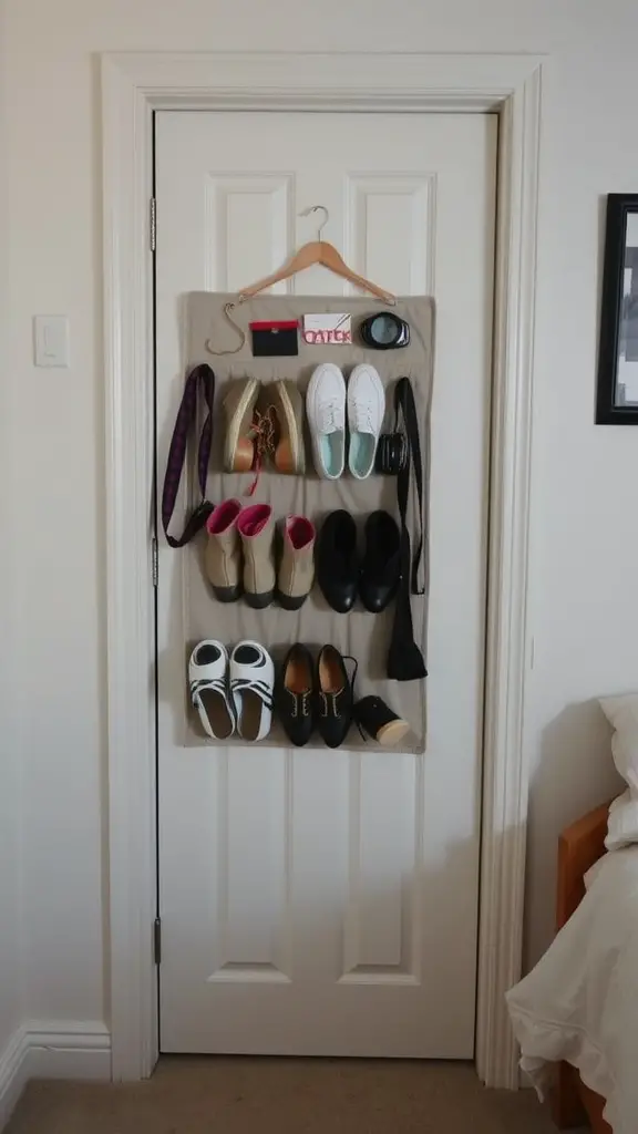 15 Creative Bedroom Storage Ideas for a Clutter-Free Space 6 Over-the-door organizer displaying various pairs of shoes and accessories.