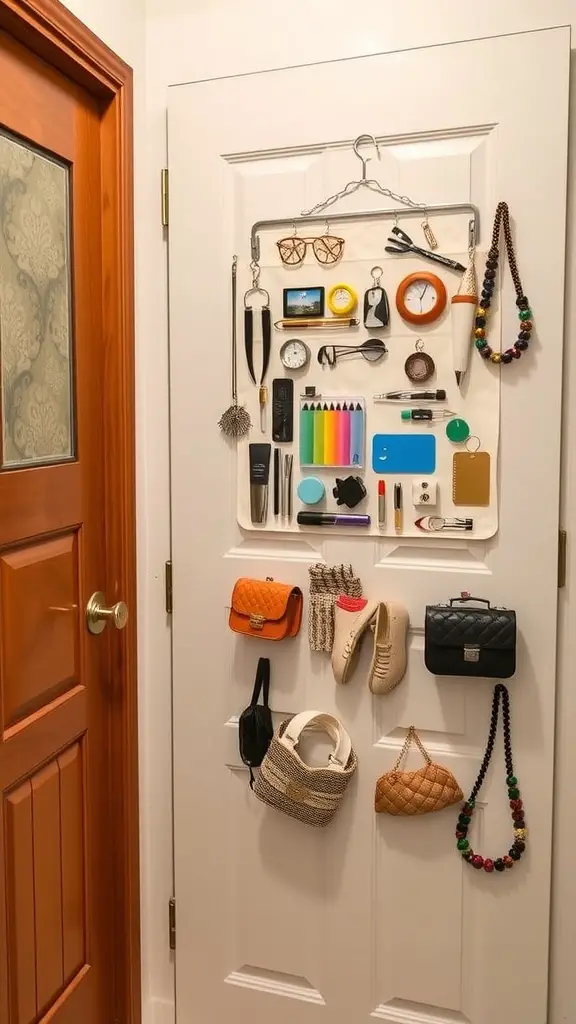 19+ Creative No Closet Solutions for Every Space 7 An organized over-the-door storage solution featuring various items like glasses, watches, pens, and bags.