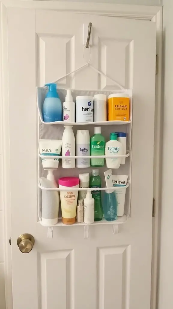 15+ Stylish Shower Storage Ideas to Maximize Space 2 An over-the-door organizer filled with various shower products hanging on a bathroom door.