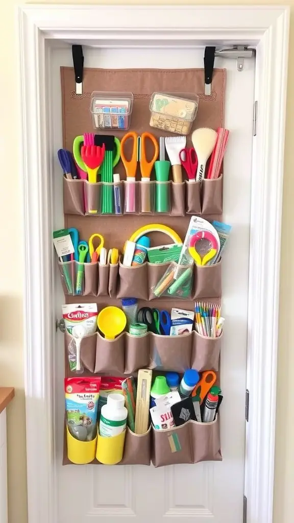 An over-the-door organizer filled with colorful craft supplies like scissors, markers, and glue.