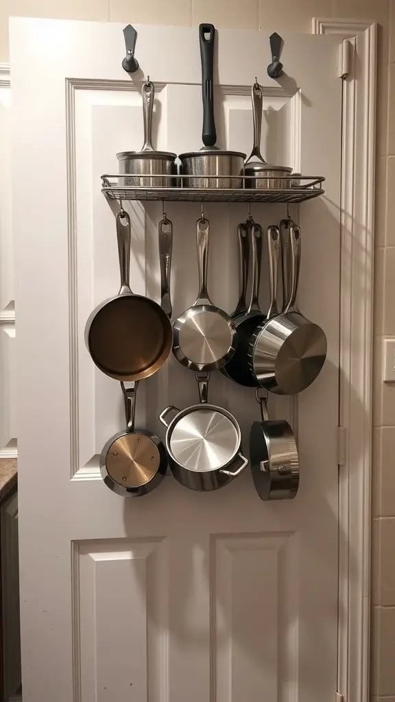 19 Affordable Dollar Tree Kitchen Organization Ideas You Need to Try 2 An over-the-door rack displaying pots and pans, showcasing a practical kitchen organization solution.