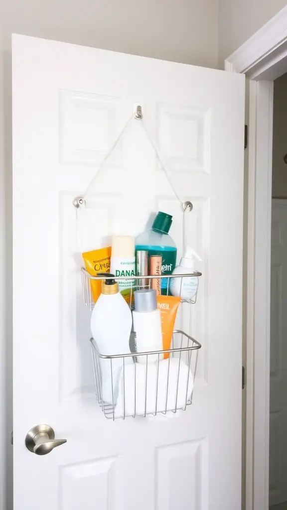 19+Stylish and Functional Shower Caddy Ideas to Organize Your Space 7 Over-the-door shower caddy filled with shampoo, conditioner, and towels hanging on a door.