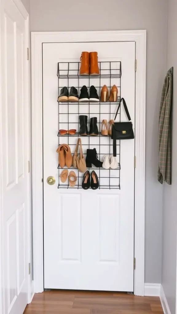 21 Creative Wall Storage Ideas to Maximize Your Space 5 Over-the-door shoe storage rack with various shoes and a handbag organized neatly.