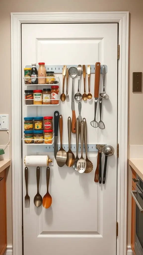 17 Smart Small Kitchen Storage Ideas You’ll Love 5 A kitchen door with an over-the-door storage system featuring jars of spices and hanging utensils.