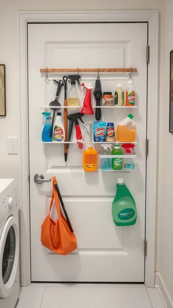 23+Creative Laundry Room Storage Ideas You Need to Try 5 A laundry room door with over-the-door storage for cleaning supplies, featuring shelves and hooks.