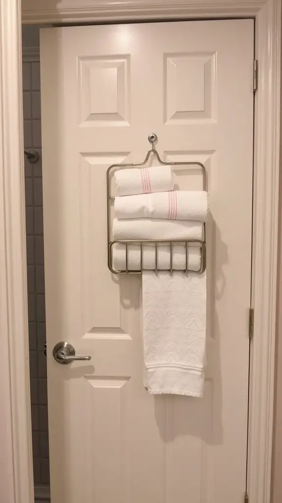 A metal over-the-door towel holder with neatly stacked towels on a door.