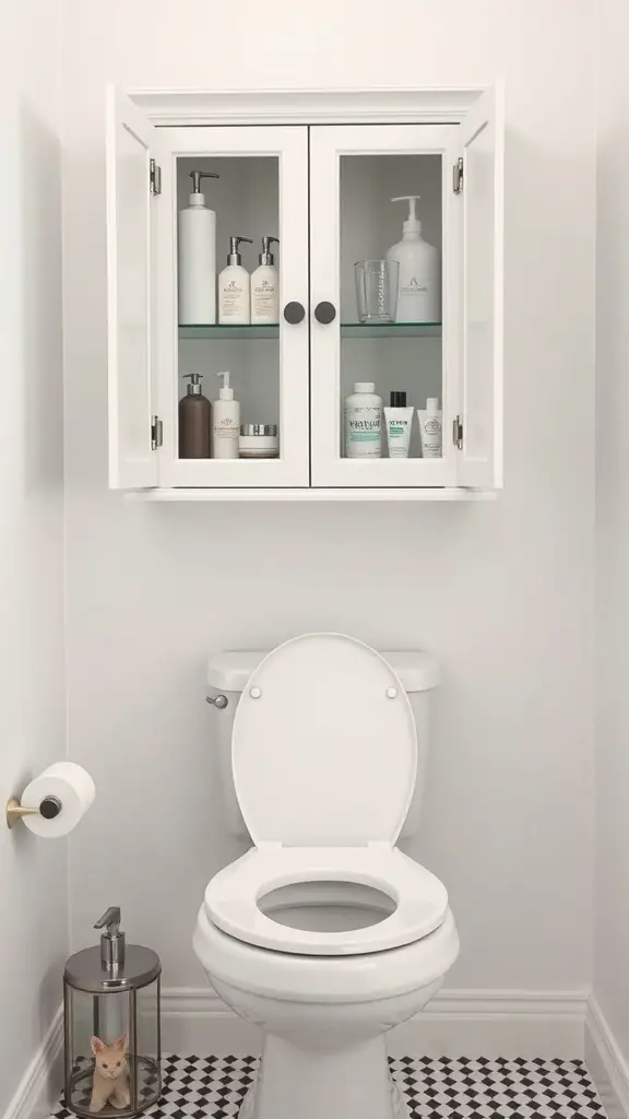 17 Creative Over Toilet Storage Ideas for Small Bathrooms 9 A modern white over-the-toilet cabinet with glass doors, displaying various toiletries above a toilet.