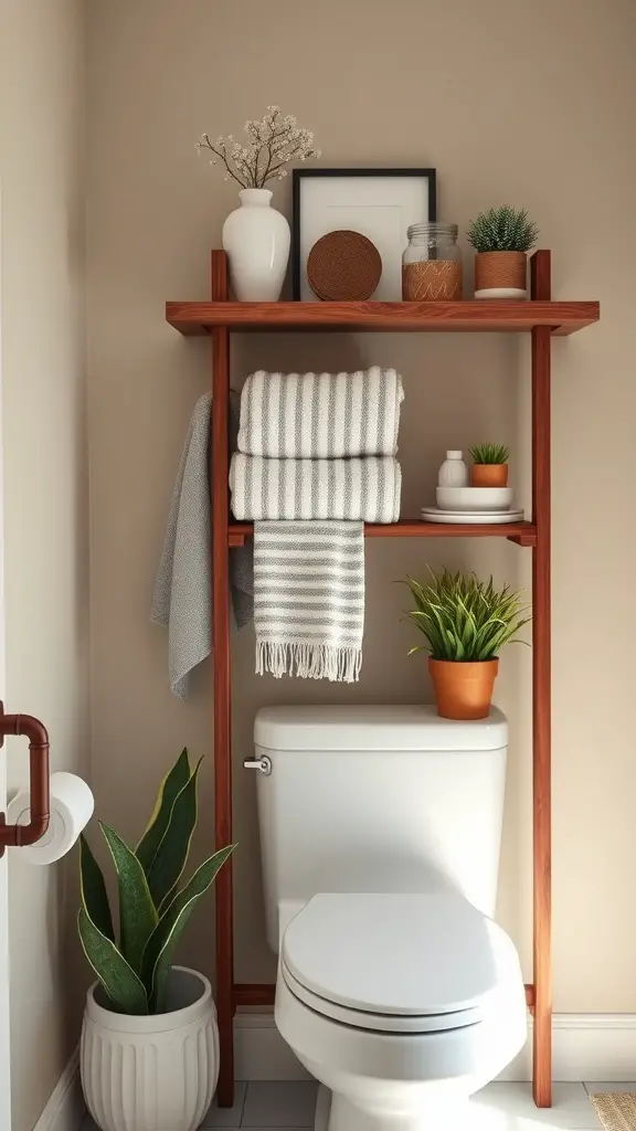 17 Creative Over Toilet Storage Ideas for Small Bathrooms 16 A wooden ladder shelf above a toilet with towels, plants, and decorative items.