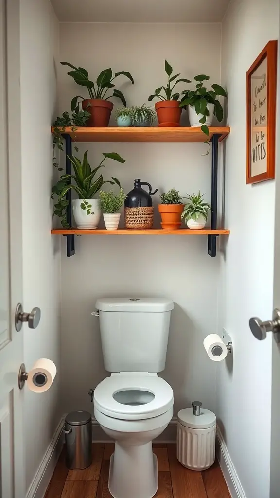 A small bathroom with wooden shelves above the toilet, decorated with potted plants.