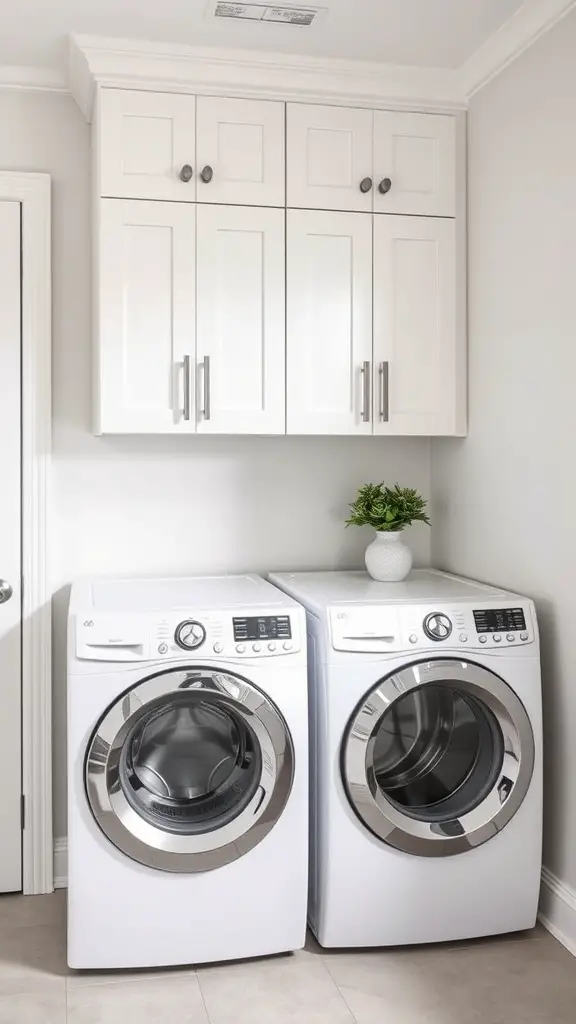 23 Creative Laundry Room Storage Ideas You Need to Try 10 Laundry room with white overhead cabinets and two washing machines