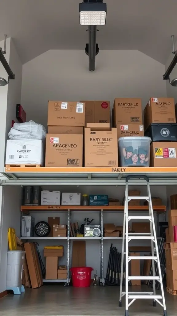 37+Genius Ideas for Garage Storage Organization 9 A well-organized garage with overhead storage, featuring stacked boxes and a ladder for easy access.