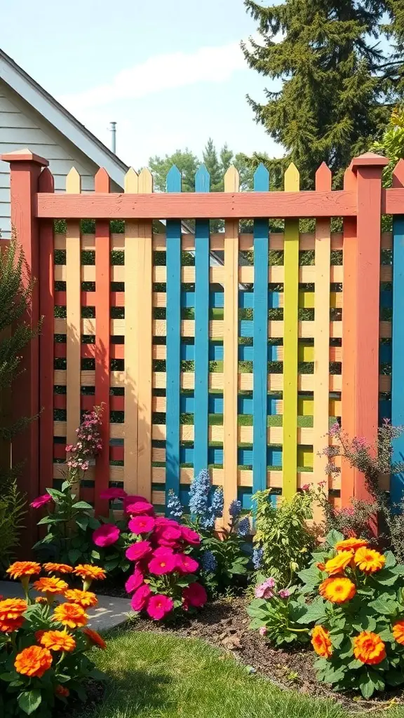 17 Creative Lattice Privacy Screen Ideas for Your Outdoor Space 4 Colorful painted lattice fence with flowers in a garden