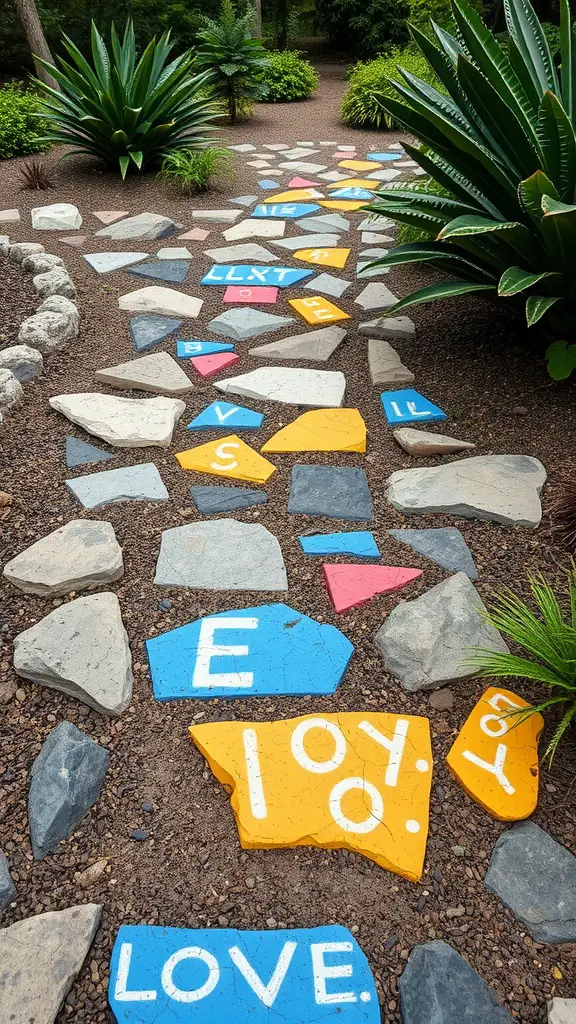 23 Creative DIY Yard Decor Ideas You Can't Miss 7 Colorful painted rock pathway with words like 'LOVE' and 'JOY' among natural stones and plants.