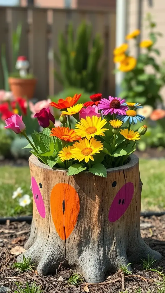 A colorful painted tree stump planter filled with vibrant flowers.