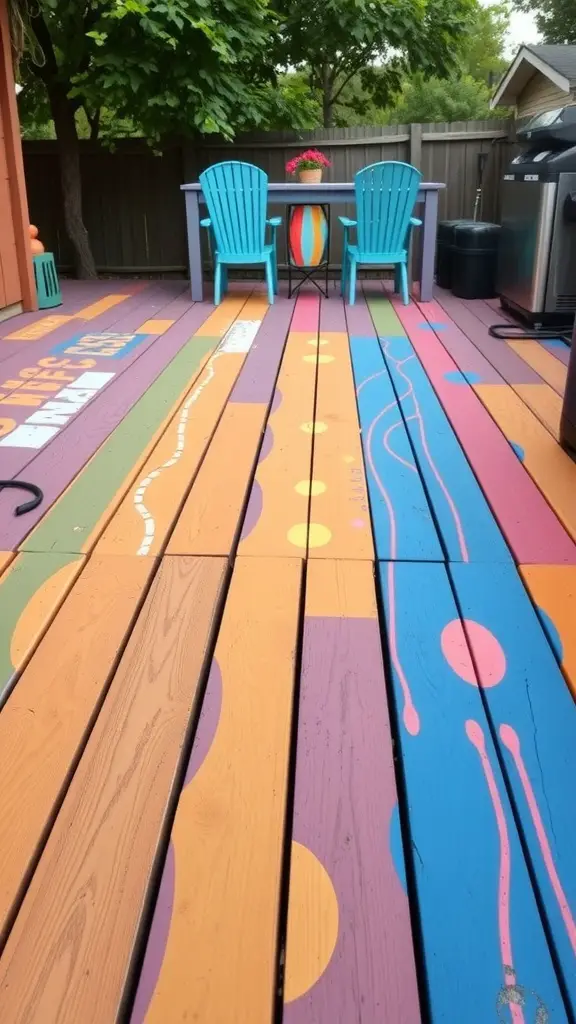 27 Affordable Patio Floor Ideas That Transform Your Outdoor Space 11 Colorful painted wood decking with patterns and two blue chairs