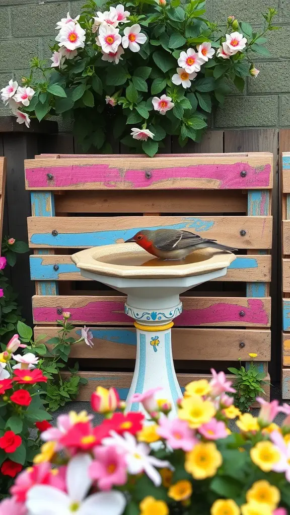 A colorful painted wooden pallet bird bath with flowers and a bird perched on the edge.