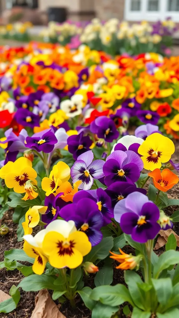 19 Stunning Fall Plants to Brighten Your Garden 9 A vibrant display of pansies in various colors, including purple, yellow, and orange, blooming in a garden.