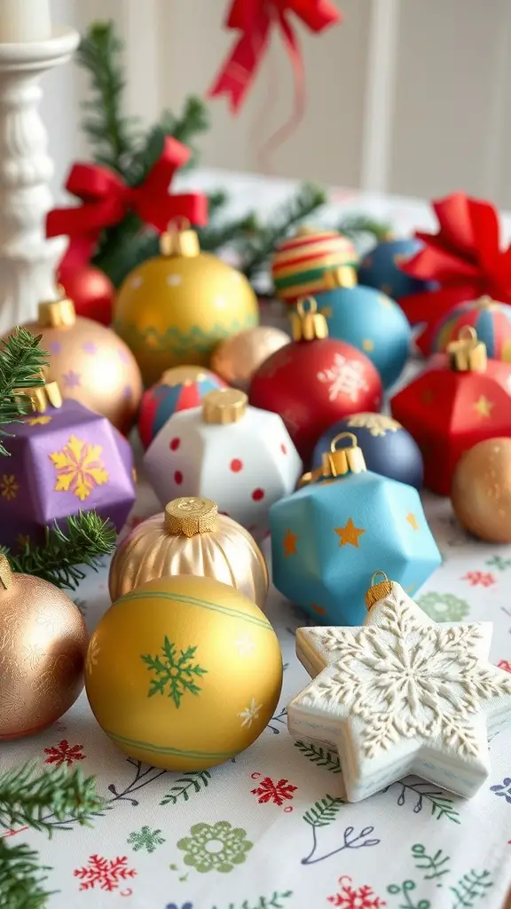 Colorful collection of Christmas ornaments on a table