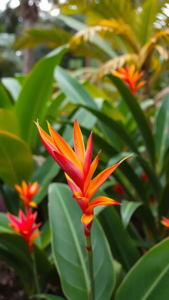 A vibrant Parrot Flower with orange and red colors surrounded by green leaves.