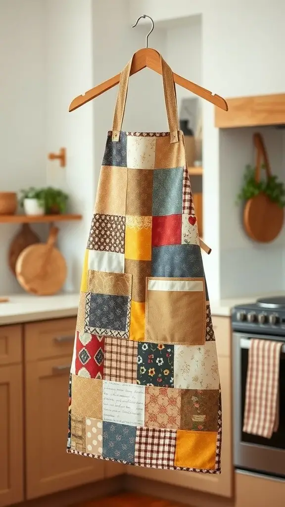 21+ Creative Scrap Fabric Projects You Can Make Today 13 A colorful patchwork apron hanging in a kitchen, showcasing various fabric patterns.