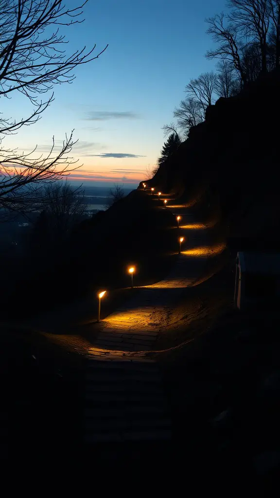 19 Creative Steep Hill Landscaping Ideas to Transform Your Yard 4 A winding pathway on a steep hill illuminated by soft lights at dusk.