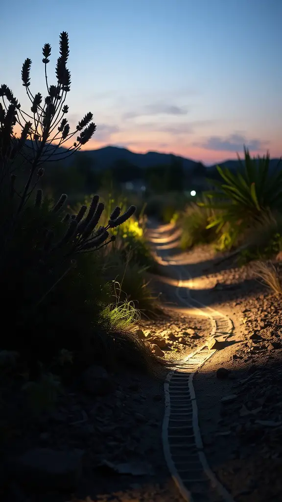 23 Stunning Dry Riverbed Landscaping Ideas to Transform Your Outdoors 13 A softly lit pathway in a dry riverbed landscape at dusk, surrounded by plants and mountains.